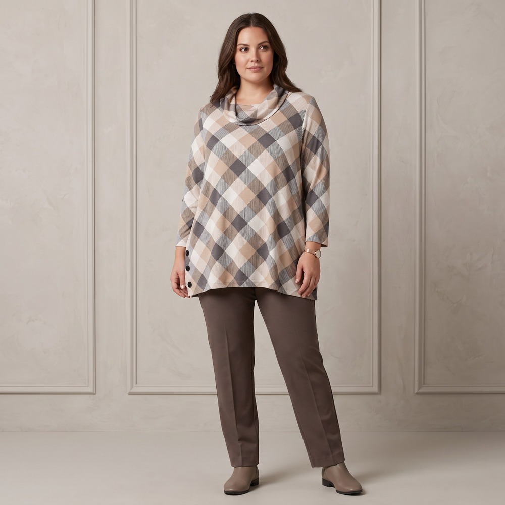 Robert Louis Plaid Cowl Neck Tunic Top Button Detail Beige Gray Cabin Cozy 3X